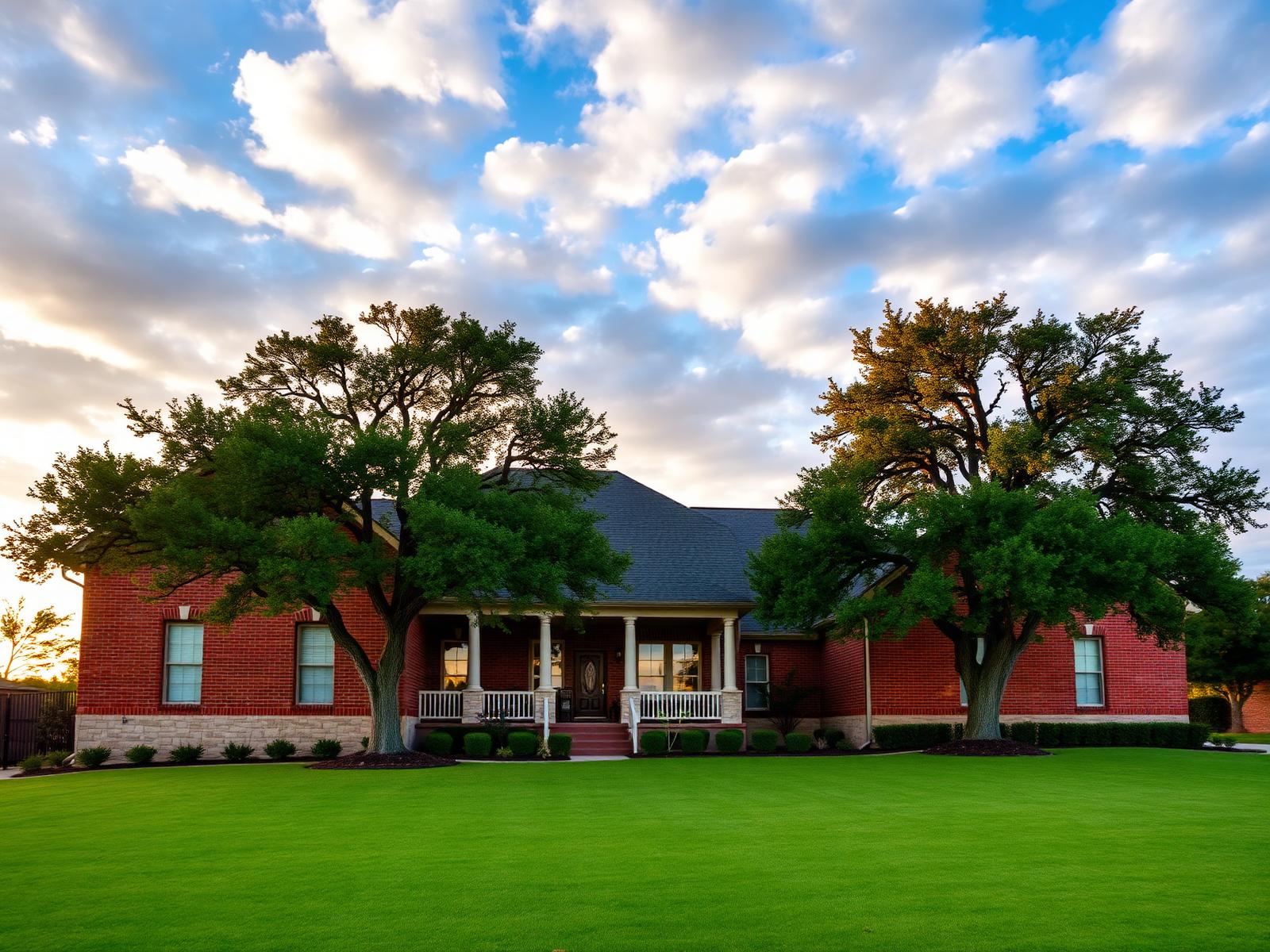 Texas suburban brick and limestone family home at golden hour